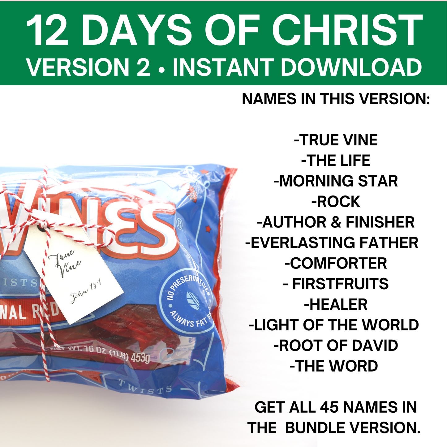 12 Day of Christ Bundle- 45 Name Tags, Gift Ideas, Companion Cards, & Starting Poems