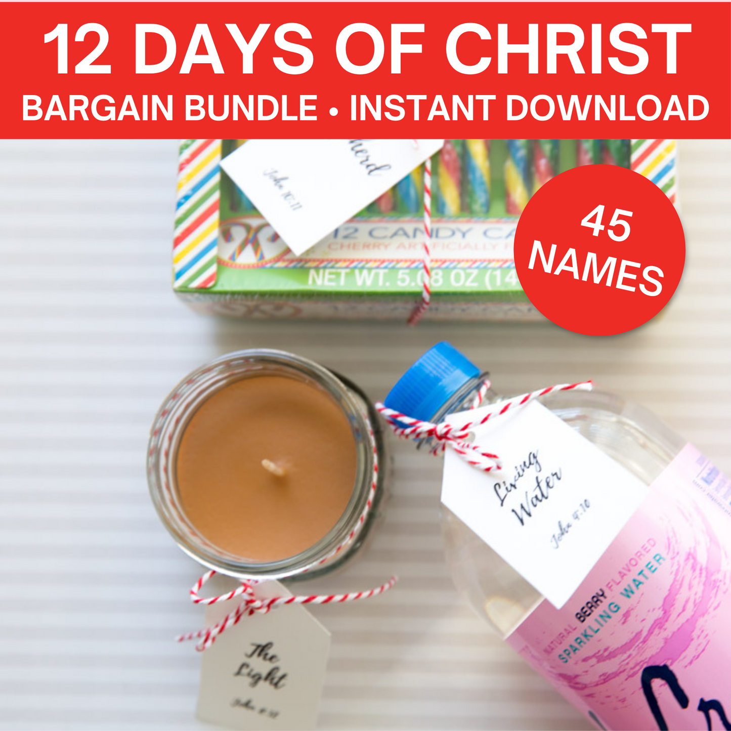 12 Day of Christ Bundle- 45 Name Tags, Gift Ideas, Companion Cards, & Starting Poems