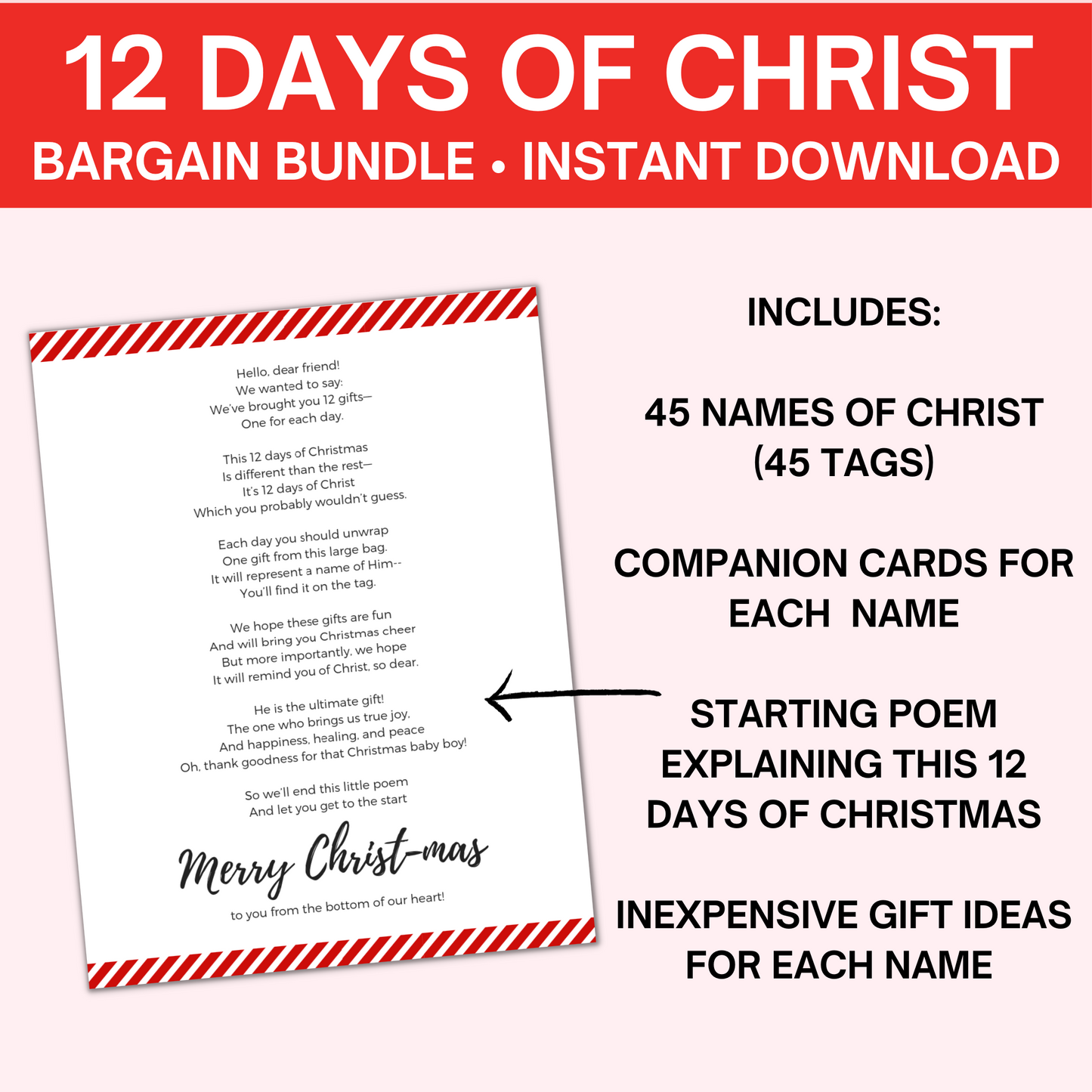 12 Day of Christ Bundle- 45 Name Tags, Gift Ideas, Companion Cards, & Starting Poems