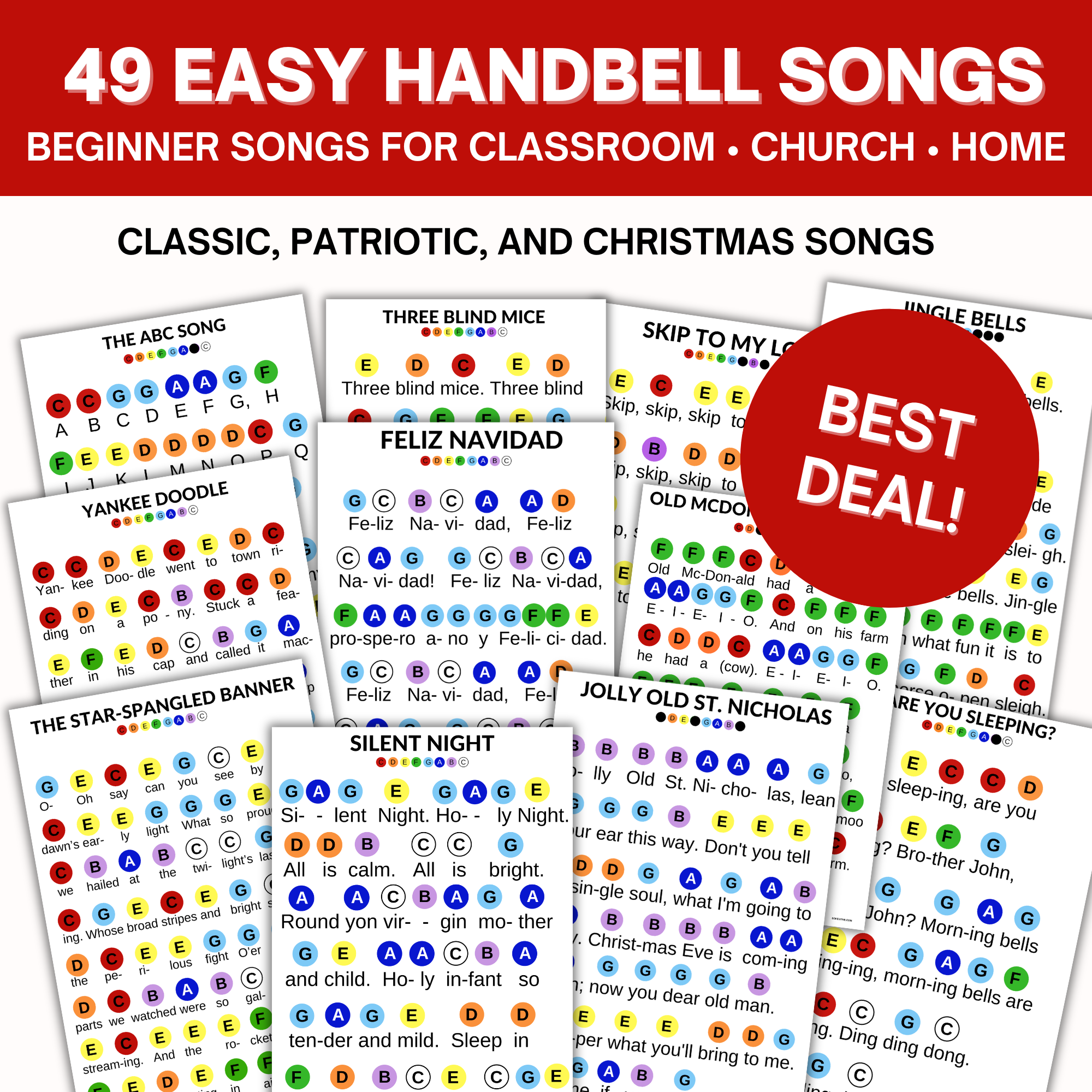 Bell♡ページ 49 Hand Bell Music Sheets- Color-Coded 8 Note Hand Bell Music for