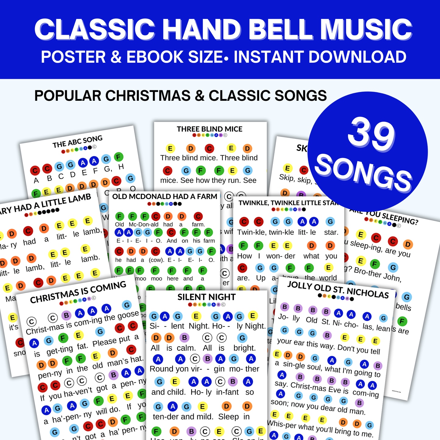 39 Hand Bell Music Sheets- 4 Books- 8 Note Hand Bell Music - Digital Download Only