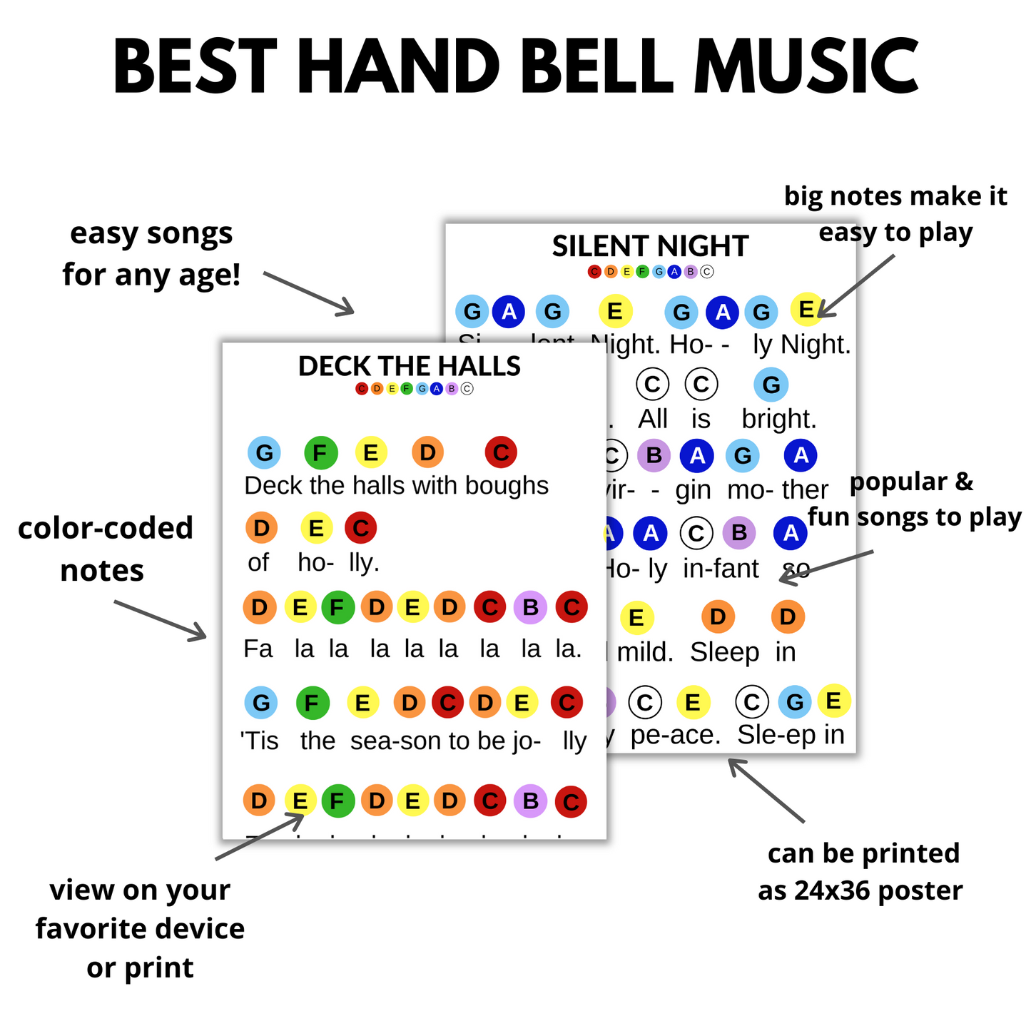 20 Christmas Hand Bell Music Sheets- Color-Coded Songs- Instant Digital Download