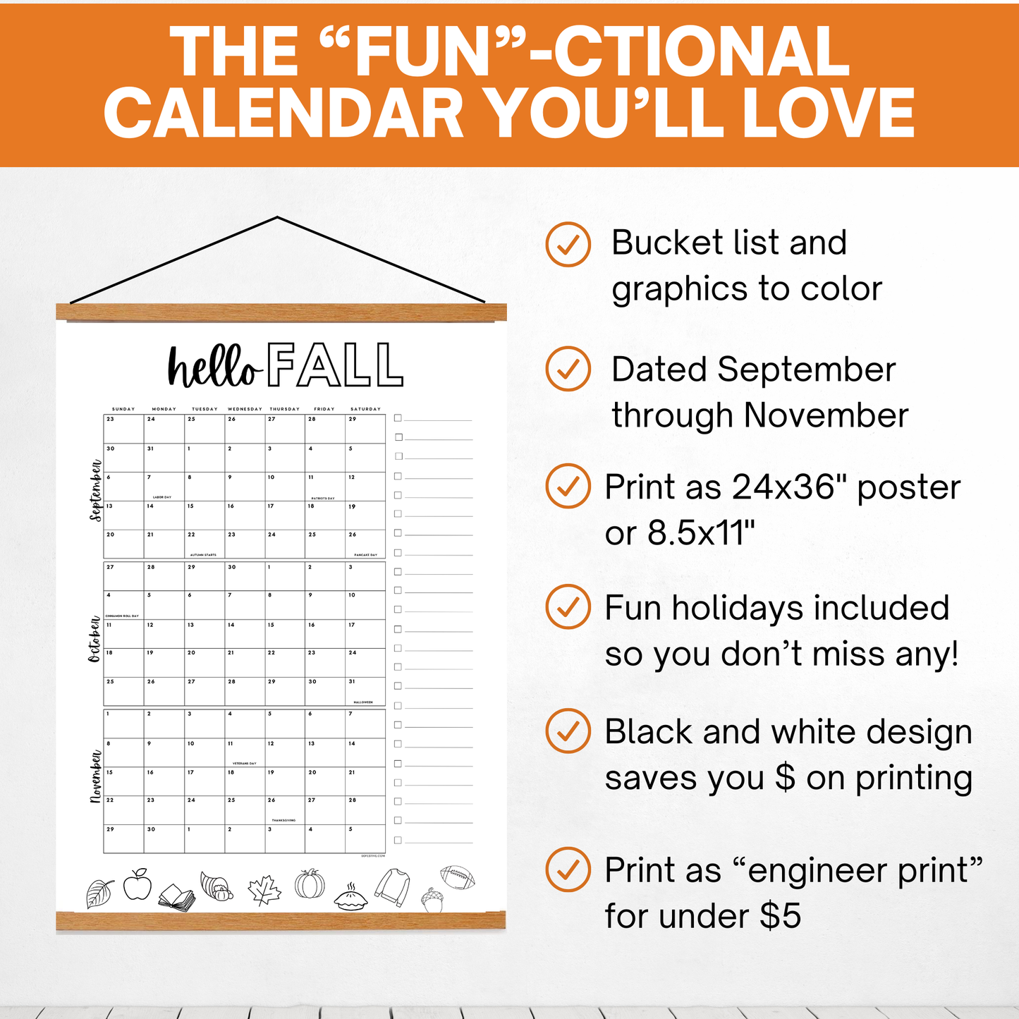 2026 Fall Poster Calendar- September through November - Dated with holidays- DIGITAL DOWNLOAD
