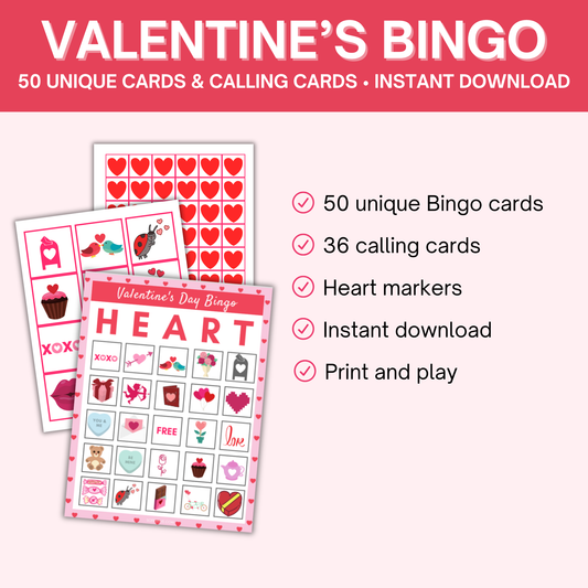 Valentine's Day Bingo Game - 50 Unique Cards, Calling Cards, & Markers