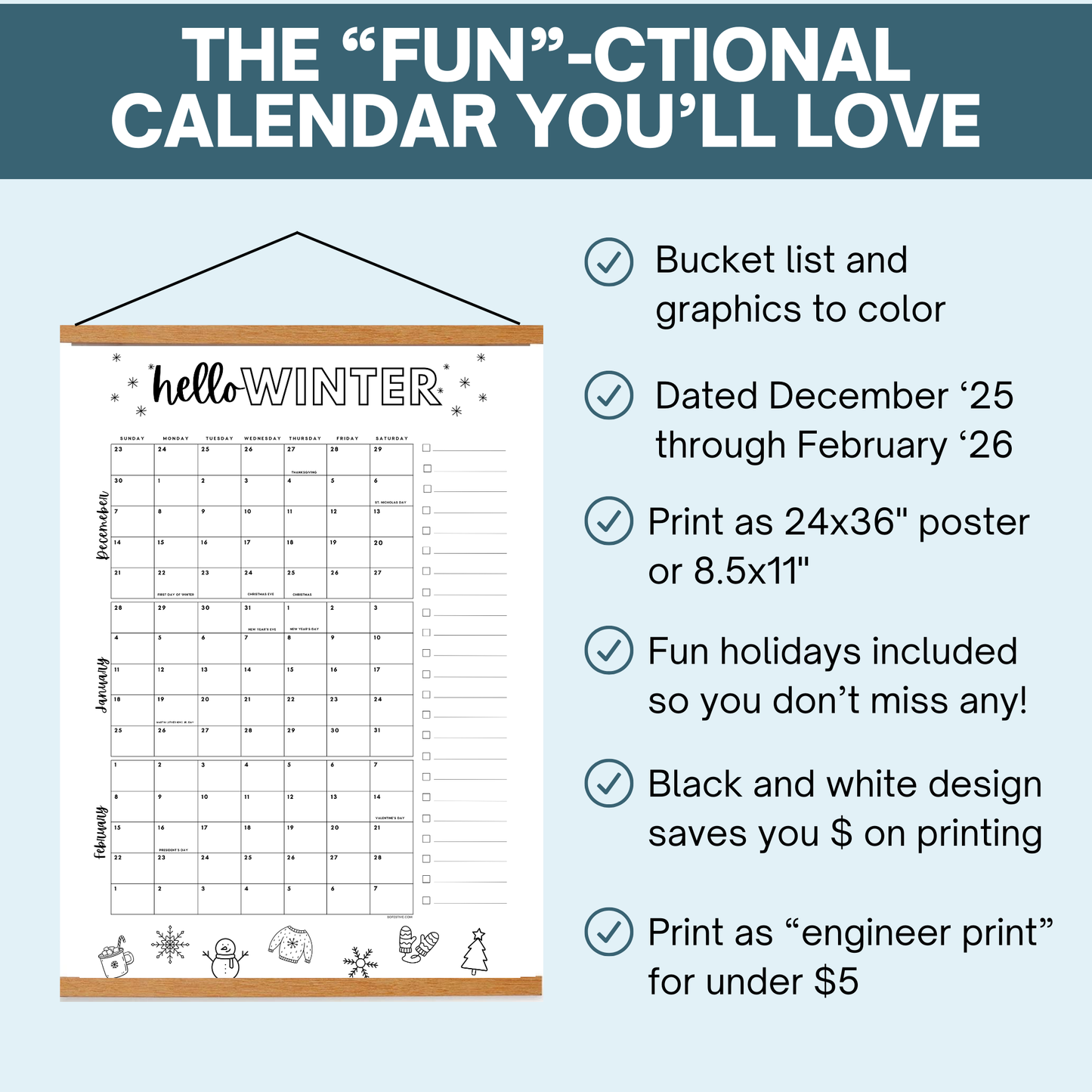 Winter Calendar- December '25- February '26- Dated with holidays- DIGITAL DOWNLOAD