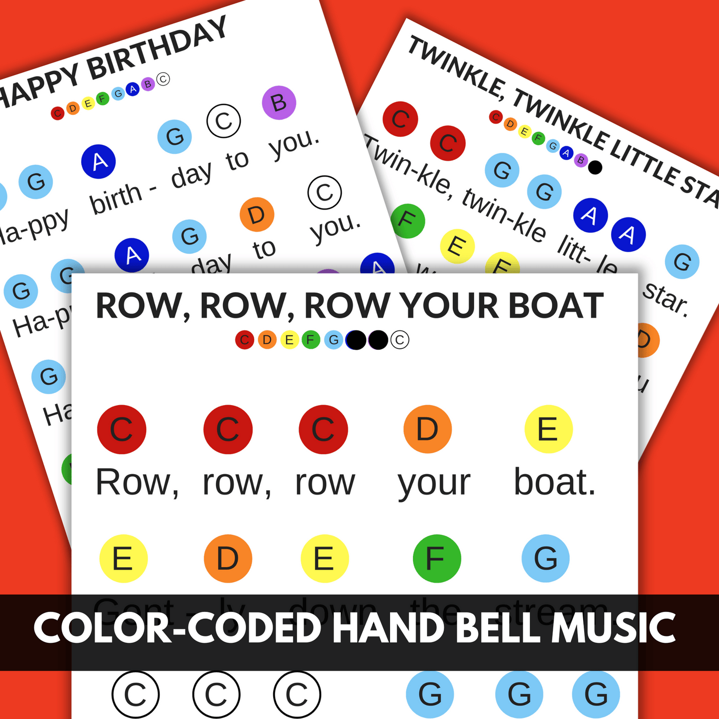 6 Hand Bell Song Sheets- CLASSICS- 6 Beginner Songs- Digital Download