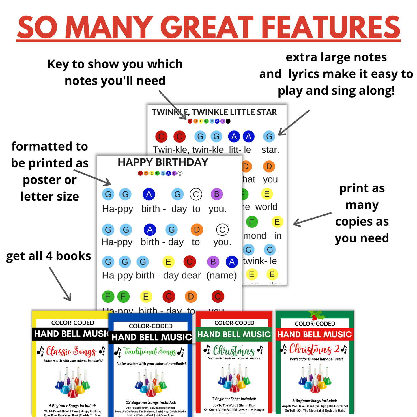 6 Hand Bell Song Sheets- CLASSICS- 6 Beginner Songs- Digital Download