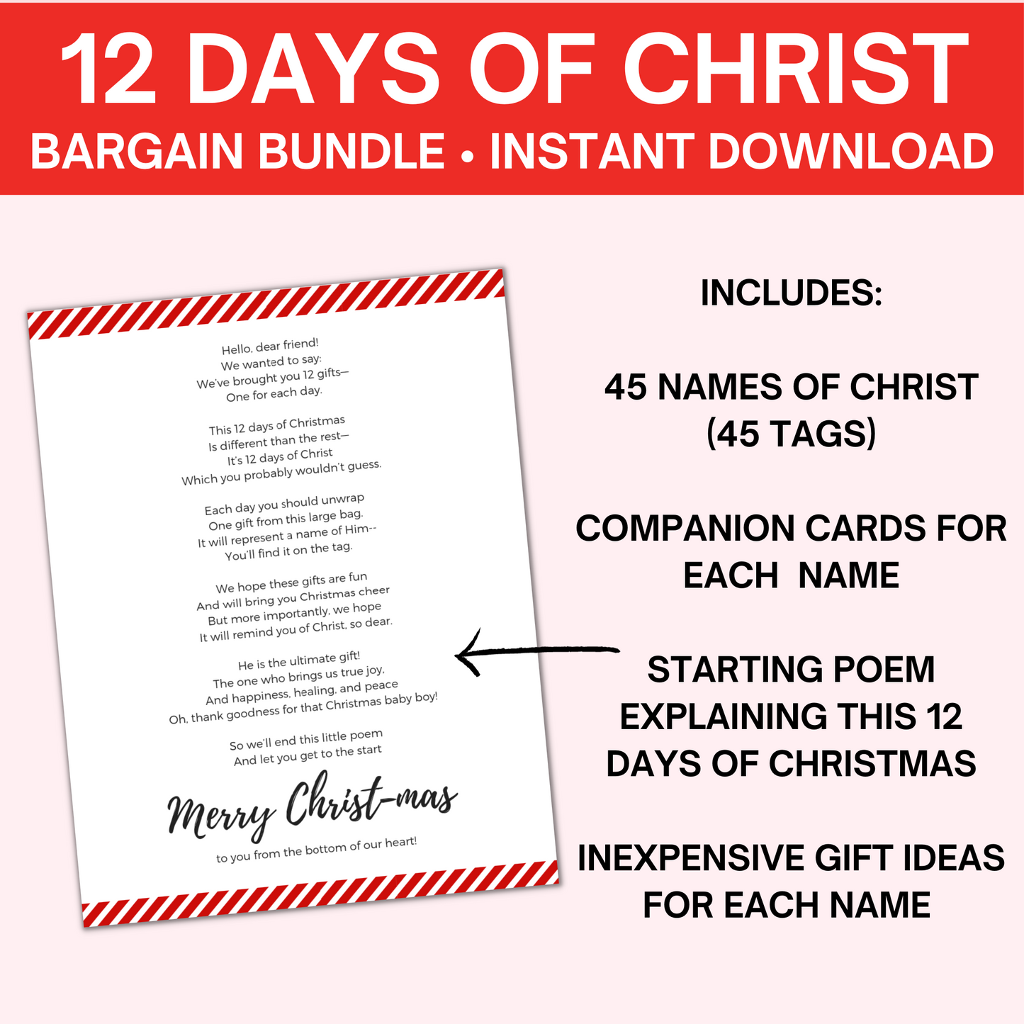 12 Day of Christ Bundle- 45 Name Tags, Gift Ideas, Companion Cards