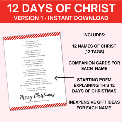 12 Days of Christ-Version 1 (12 Tags,  Companion Cards, & Starting Poem)