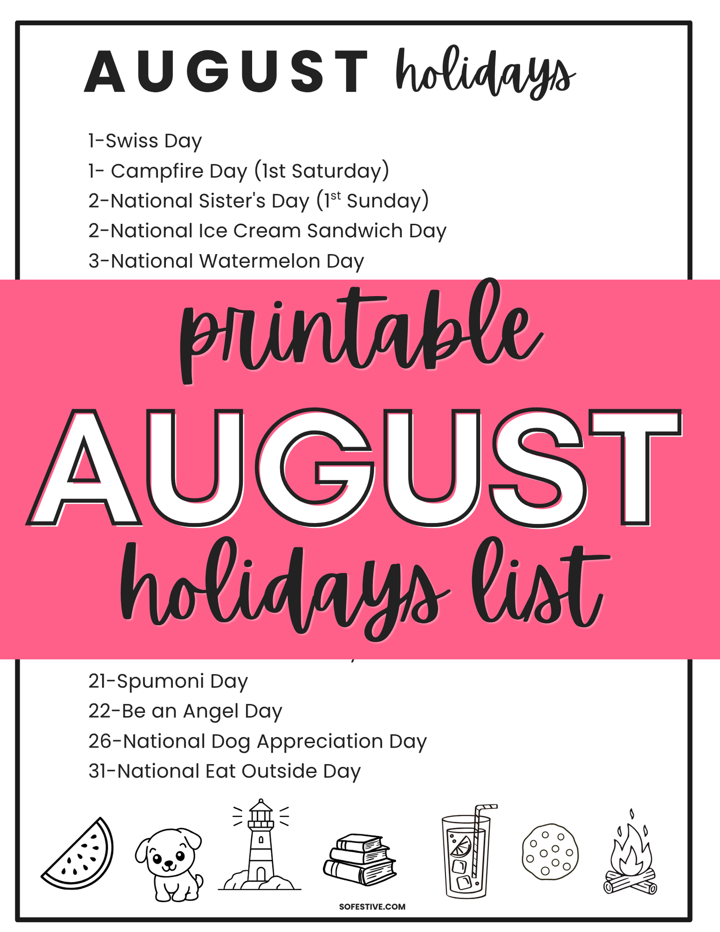 August Holiday List Printable