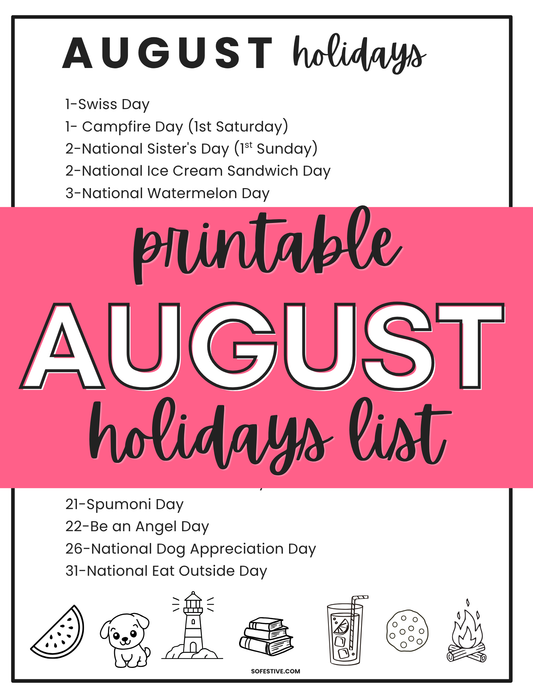 August Holiday List Printable