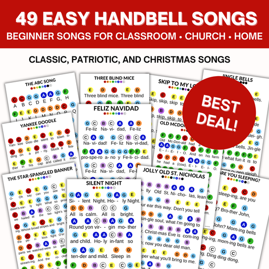 49 Hand Bell Music Sheets- Color-Coded 8 Note Hand Bell Music for Beginners- Digital Download Only