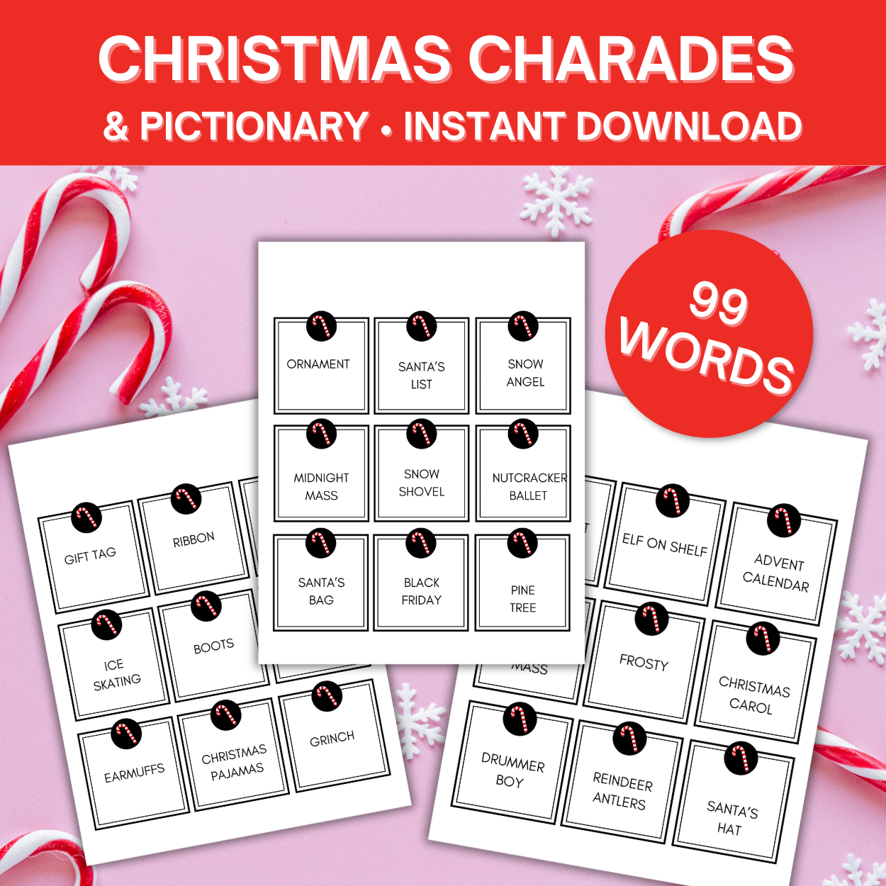 99 Christmas Word Cards Christmas Charades or Pictionary