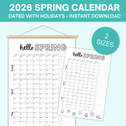 2026 Spring Poster Calendar- March-April - Dated with holidays- DIGITAL DOWNLOAD