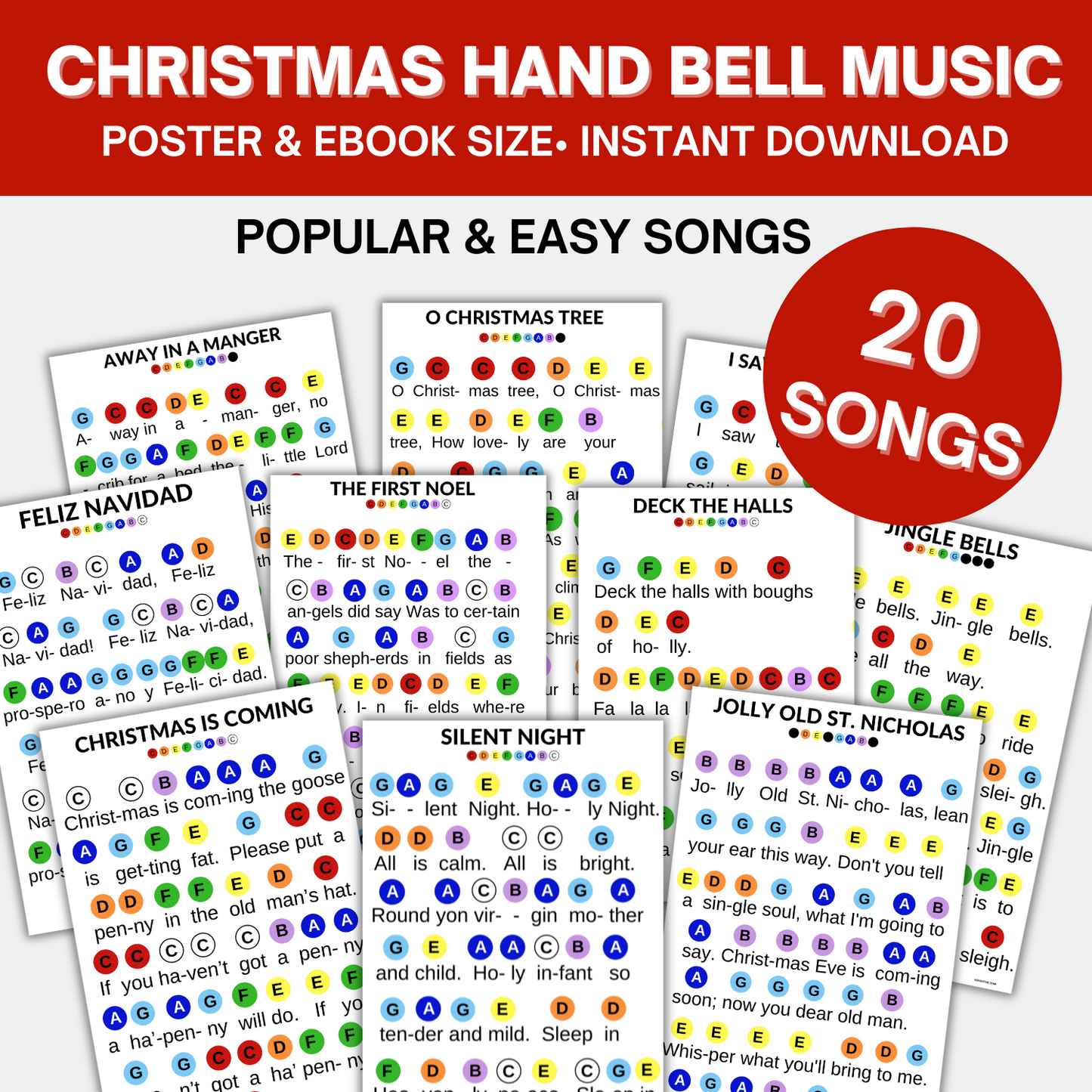 26 Color-Coded Hand Bell Songs- Christmas & Classic Hand Bell Sheets- Digital Download
