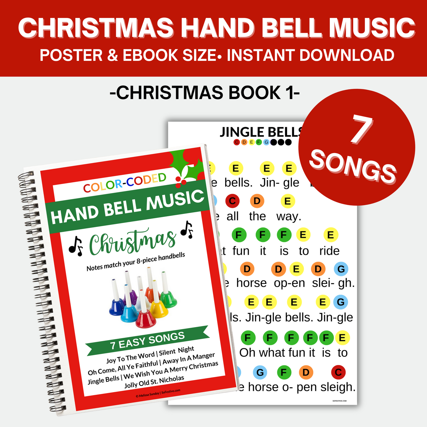 7 Christmas Hand Bell Song Sheets- Digital Download Ebook