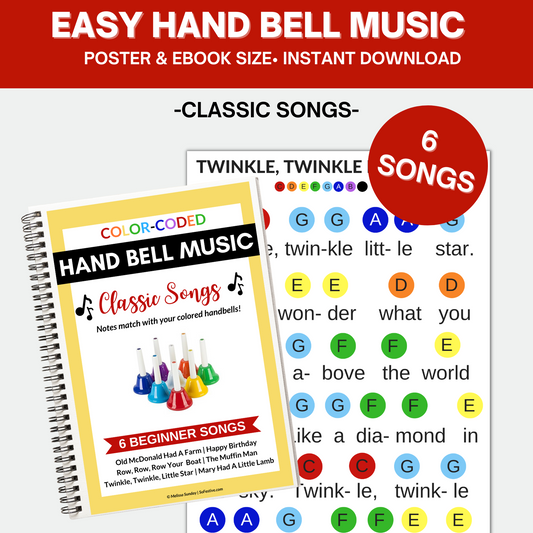 6 Hand Bell Song Sheets- CLASSICS- 6 Beginner Songs- Digital Download