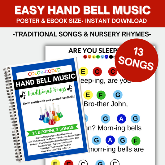 13 Hand Bell Song Sheets- TRADITIONAL Songs & Nursery Rhymes- Digital Download