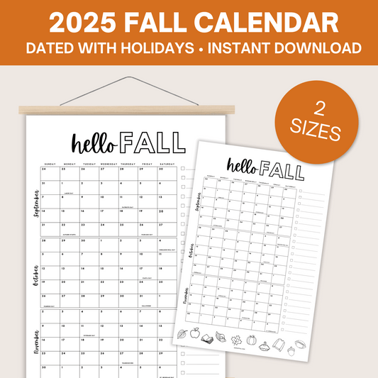 2025 Fall Calendar Poster- Dated with holidays- DIGITAL DOWNLOAD