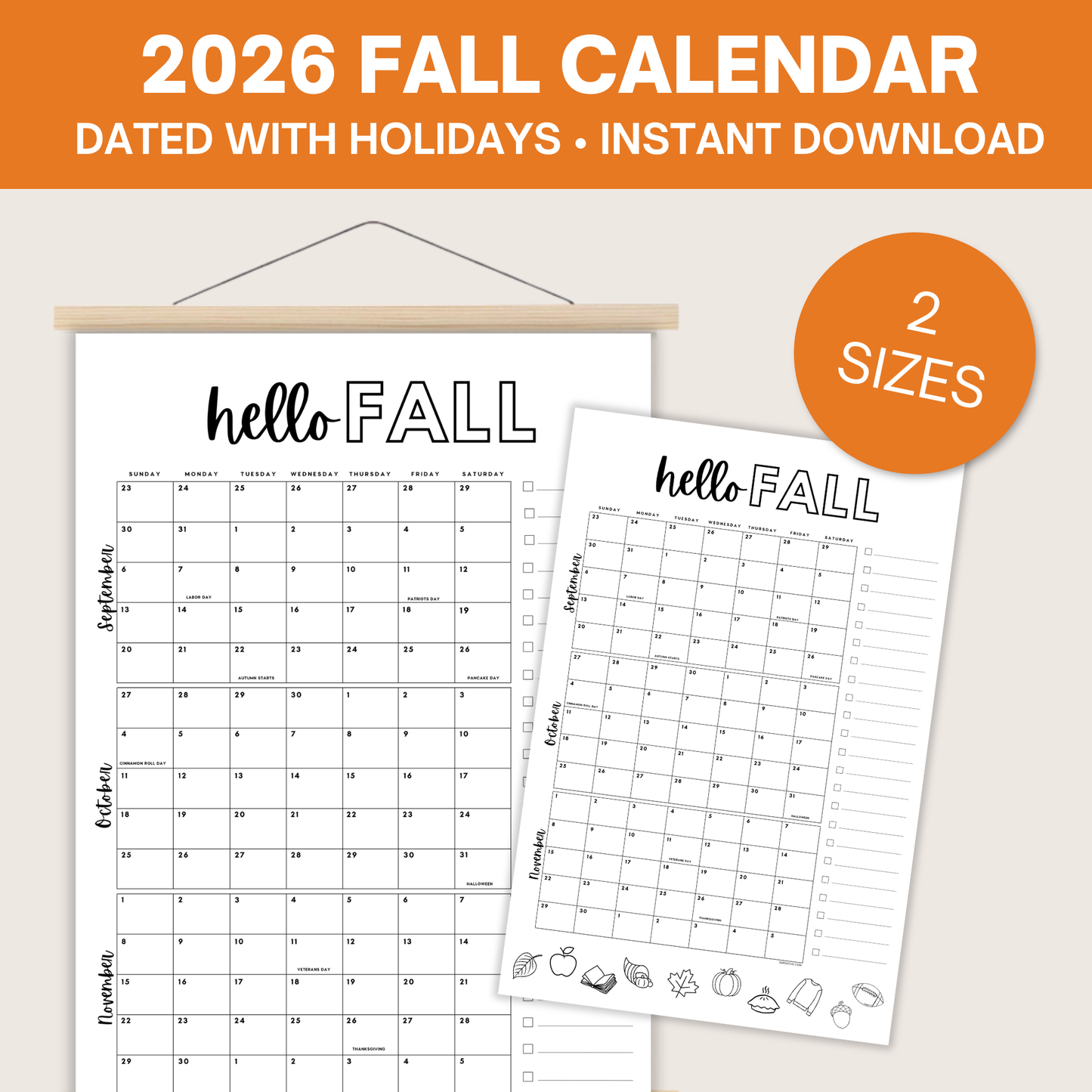 2026 Fall Poster Calendar- September through November - Dated with holidays- DIGITAL DOWNLOAD