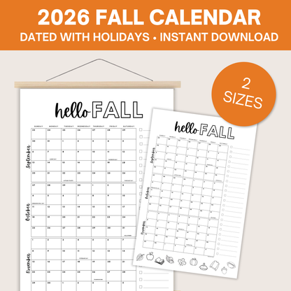 2026 Fall Poster Calendar- September through November - Dated with holidays- DIGITAL DOWNLOAD