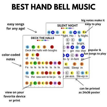 20 Christmas Hand Bell Music Sheets- Color-Coded Songs- Instant Digital Download