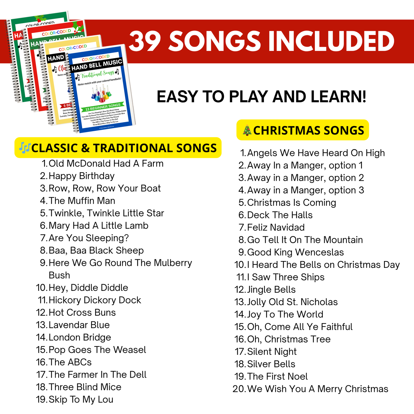 39 Hand Bell Music Sheets- 4 Books- 8 Note Hand Bell Music - Digital Download Only