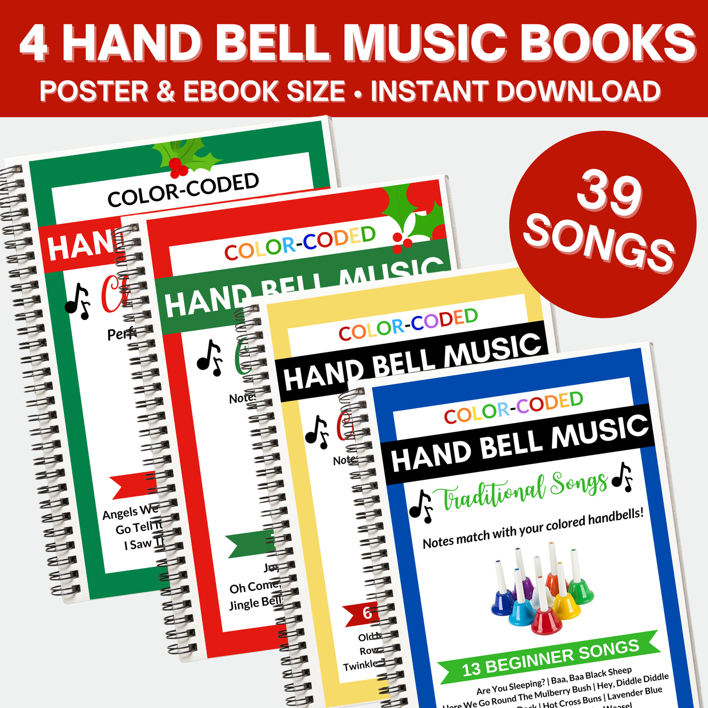 39 Hand Bell Music Sheets- 4 Books- 8 Note Hand Bell Music - Digital Download Only