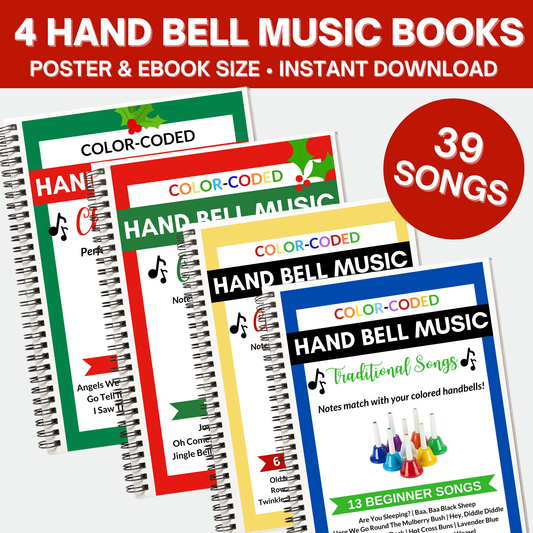 39 Hand Bell Music Sheets- 4 Books- 8 Note Hand Bell Music - Digital Download Only