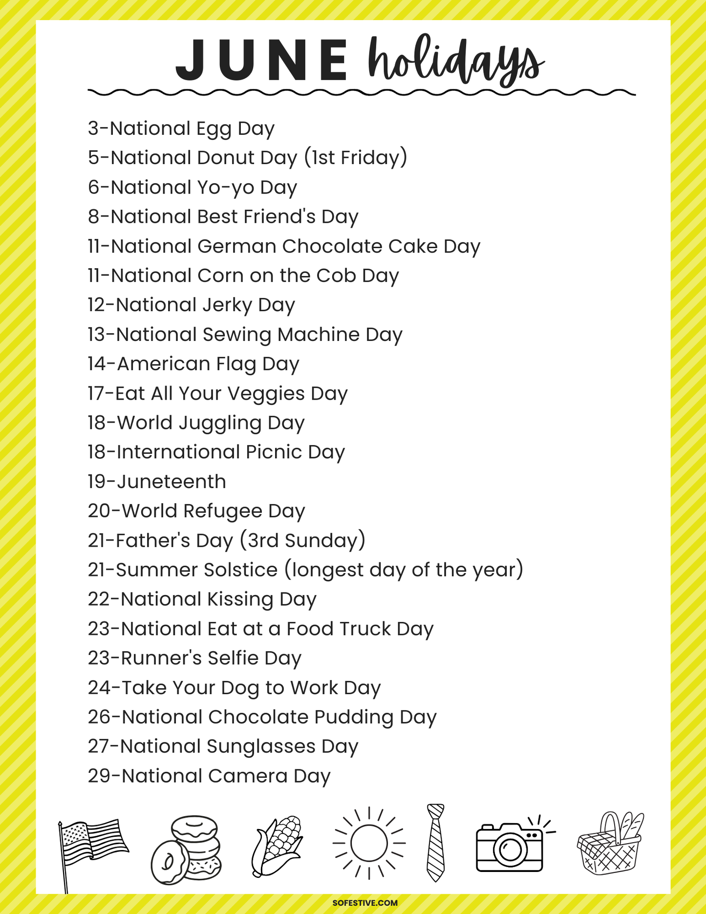 June Holiday List Printable
