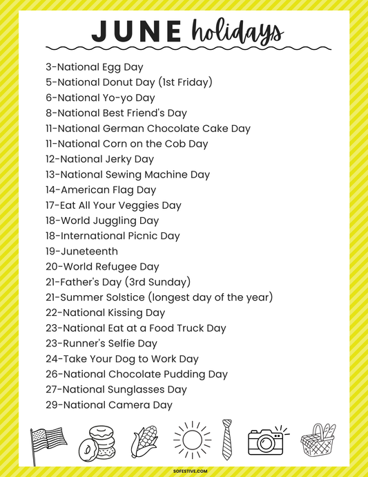 June Holiday List Printable