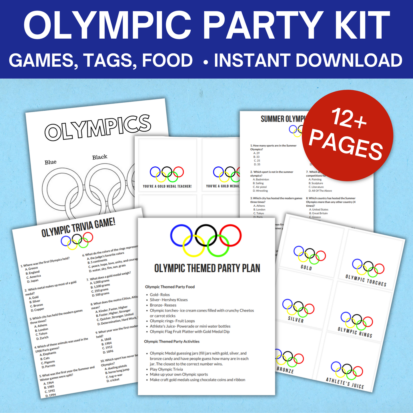 Olympic Theme Party Kit- (Trivia Game, Food Labels, & More)