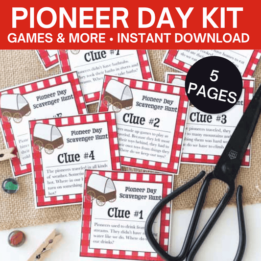 Pioneer Day Celebration Kit- Banner, Treasure Hunt Clues & Party Sign