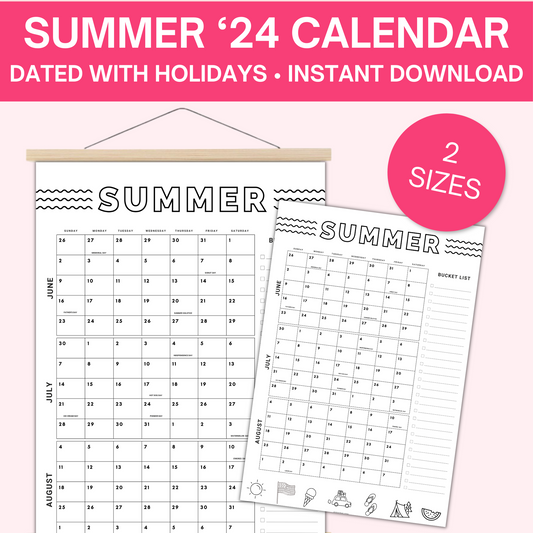 Summer 2024 Bucket List Calendar Poster- Dated and holidays included- DIGITAL DOWNLOAD