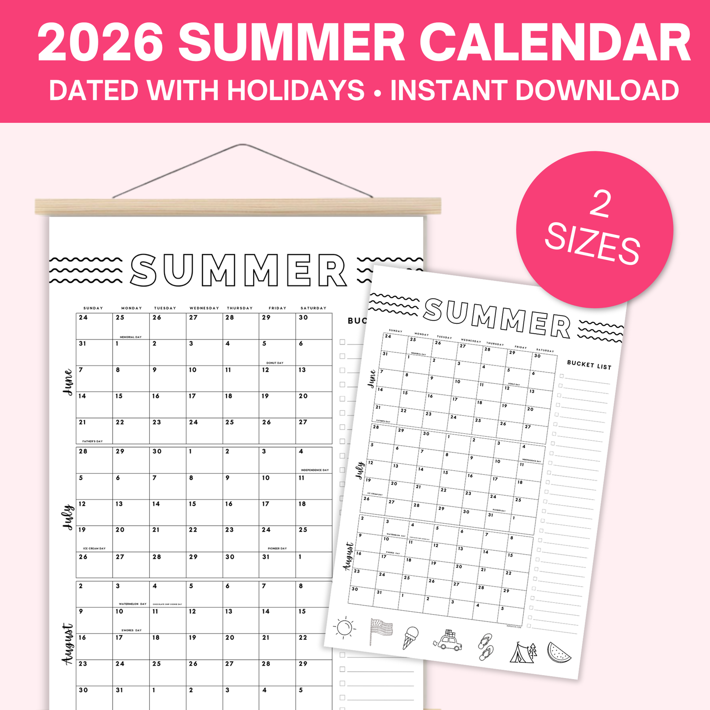 2026 Summer Poster Calendar- Memorial Day through Labor Day - Dated with holidays- DIGITAL DOWNLOAD