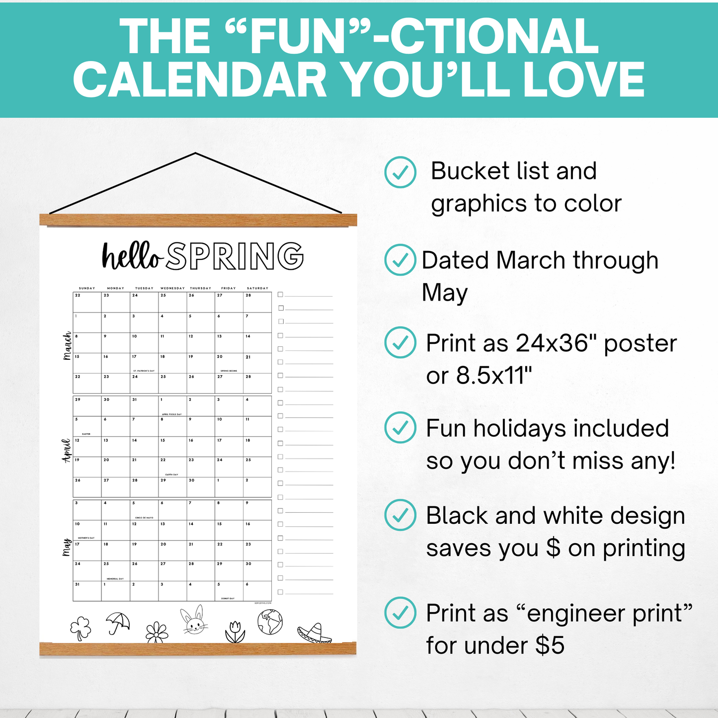 2026 Spring Poster Calendar- March-April - Dated with holidays- DIGITAL DOWNLOAD