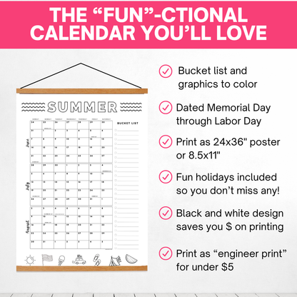 2026 Summer Poster Calendar- Memorial Day through Labor Day - Dated with holidays- DIGITAL DOWNLOAD
