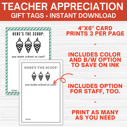 Ice Cream Gift Card Tags- Teacher Appeciation Gifts