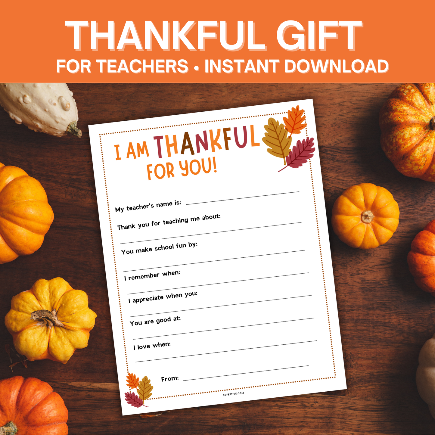 Thanksgiving Teacher Gift Thank You Note Printable