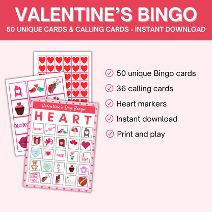 Valentine's Day Bingo Game - 50 Unique Cards, Calling Cards, & Markers