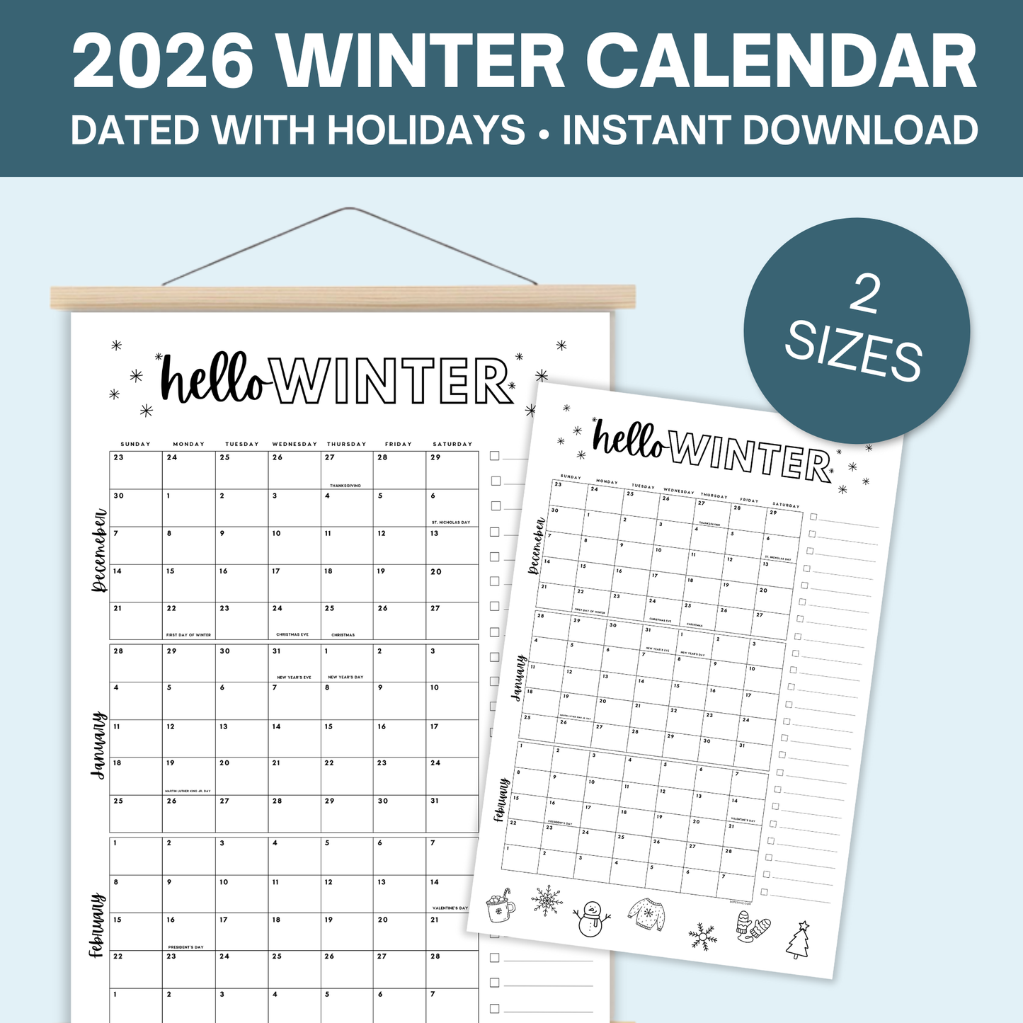 Winter Calendar- December '25- February '26- Dated with holidays- DIGITAL DOWNLOAD