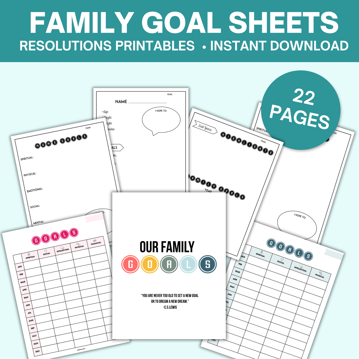 New Year Goal Worksheets For Families (22 Pages)