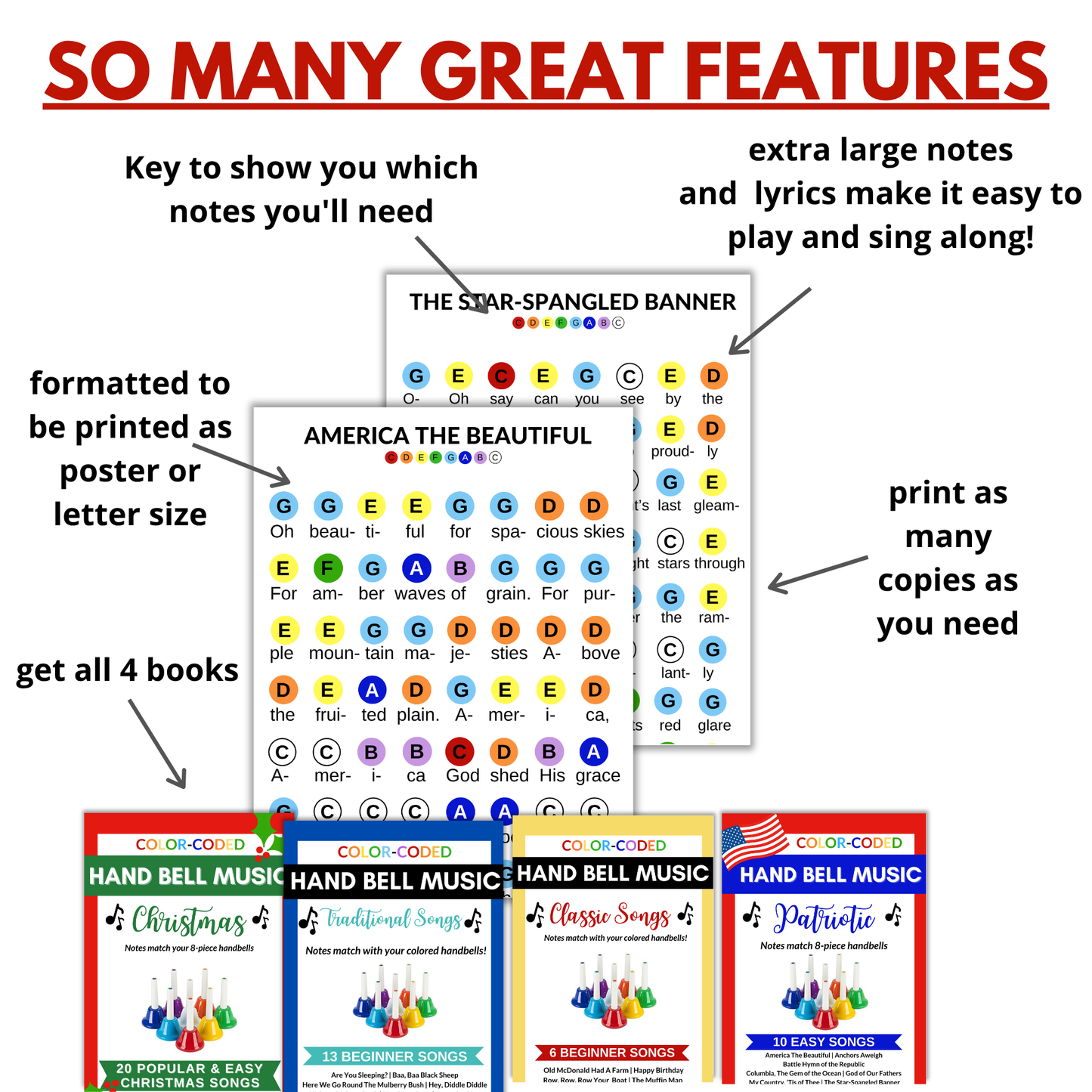10 Patriotic Hand Bell Songs- Color-Coded HandBell Charts- Instant Digital Download