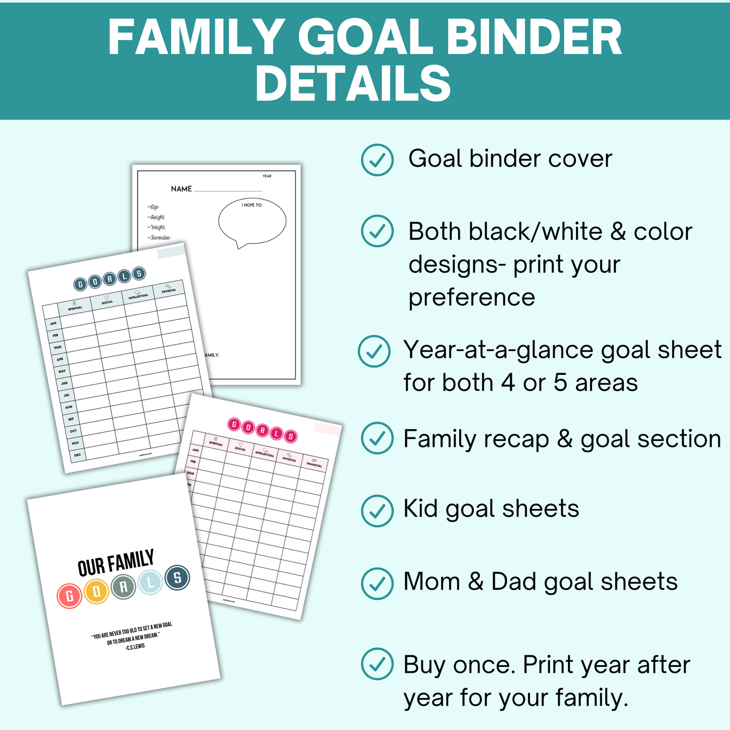 New Year Goal Worksheets For Families (22 Pages)