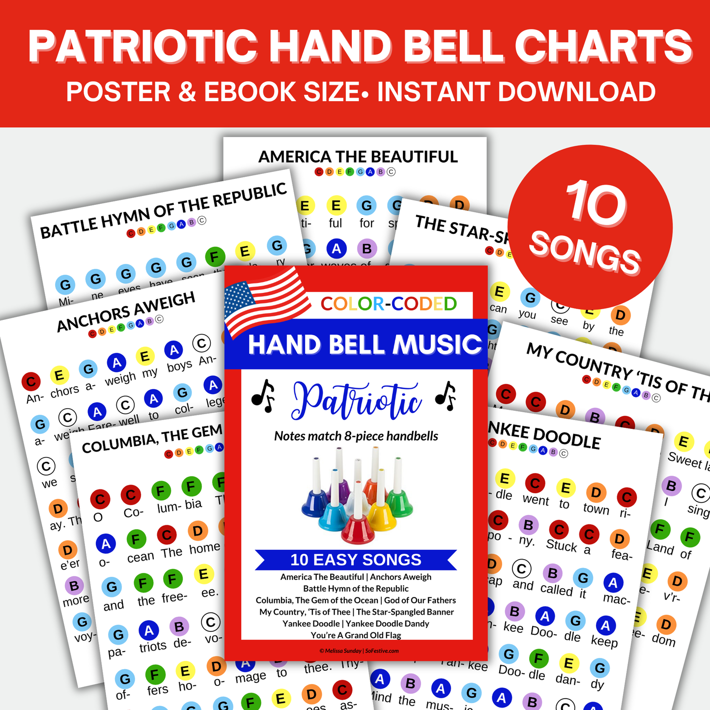 10 Patriotic Hand Bell Songs- Color-Coded HandBell Charts- Instant Digital Download