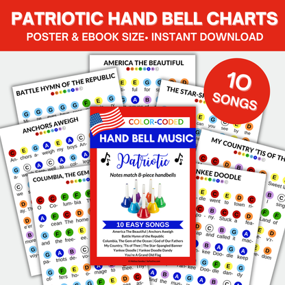 10 Patriotic Hand Bell Songs- Color-Coded HandBell Charts- Instant Digital Download