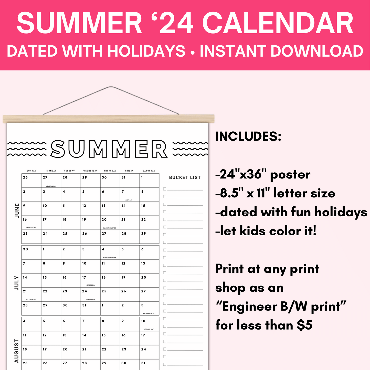 Summer 2024 Bucket List Calendar Poster- Dated and holidays included- DIGITAL DOWNLOAD