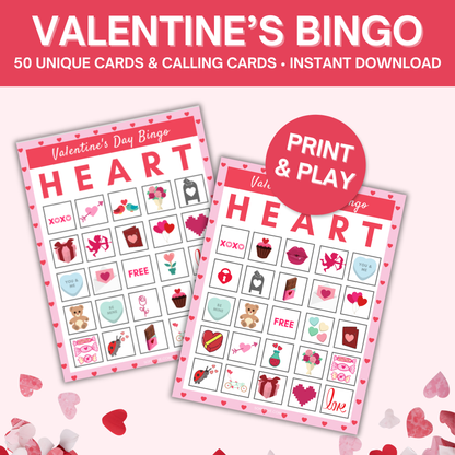 Valentine's Day Bingo Game - 50 Unique Cards, Calling Cards, & Markers