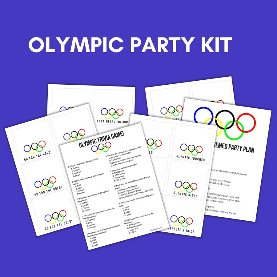 Olympic Theme Party Kit- (Trivia Game, Food Labels, & More)