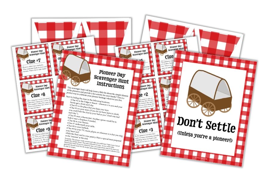 Pioneer Day Celebration Kit- Banner, Treasure Hunt Clues & Party Sign